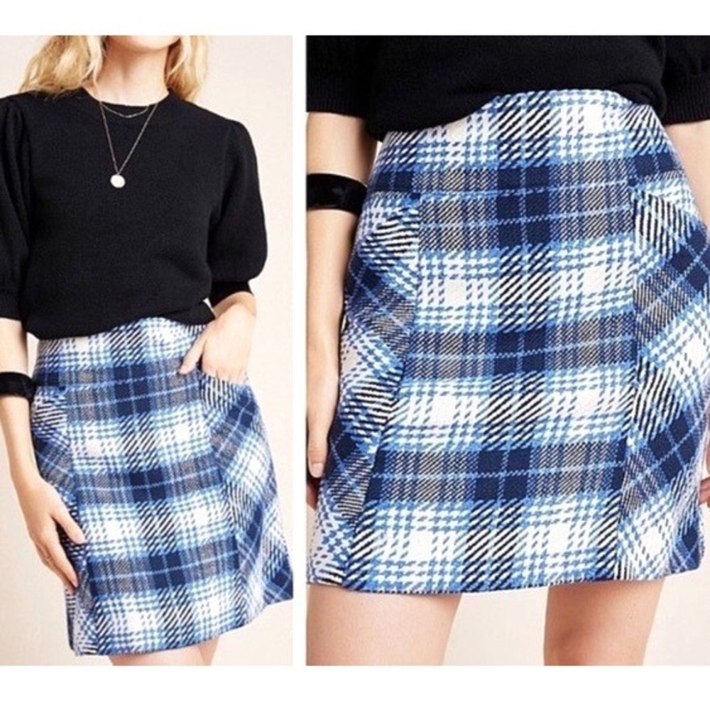 MAEVE Anthropologie TWEED Zip SIDE POCKETS Blue PLAID MINI PENCIL SKIRT Sz 4